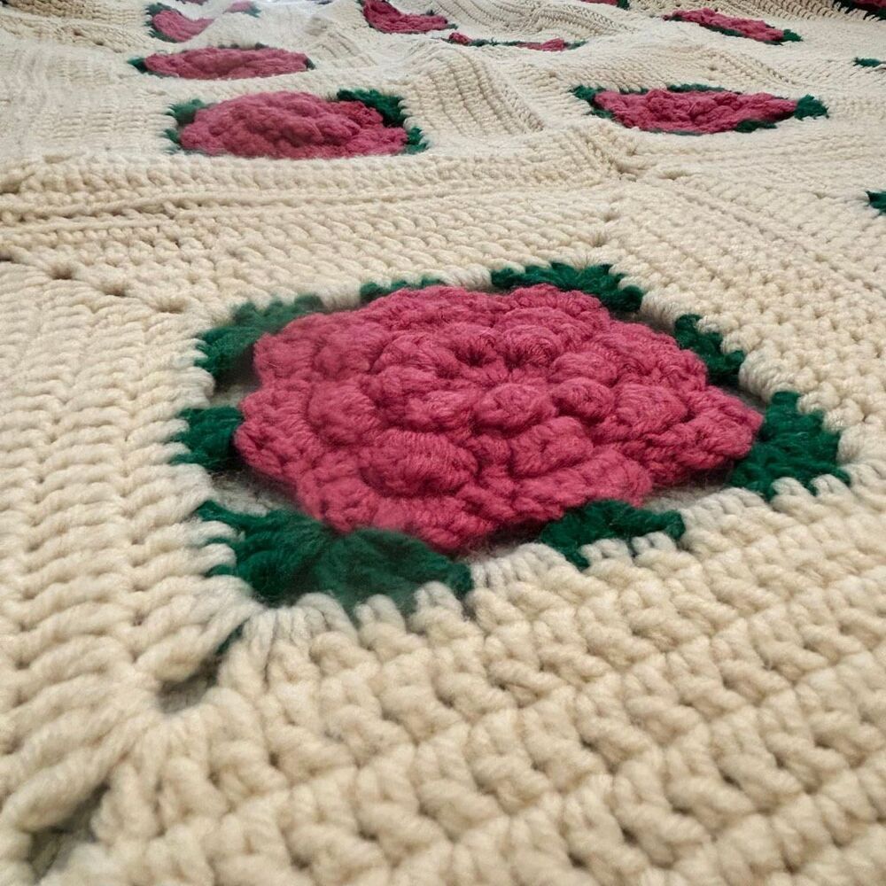 Granny Square Pink Rose Afghan Lap Blanket or Twin Bed Covering 75” x 64” Inches